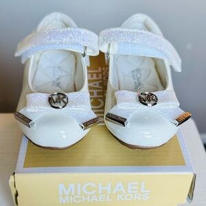 Michael Kors Girls White Glitter Mary Jane Shoes with Bow